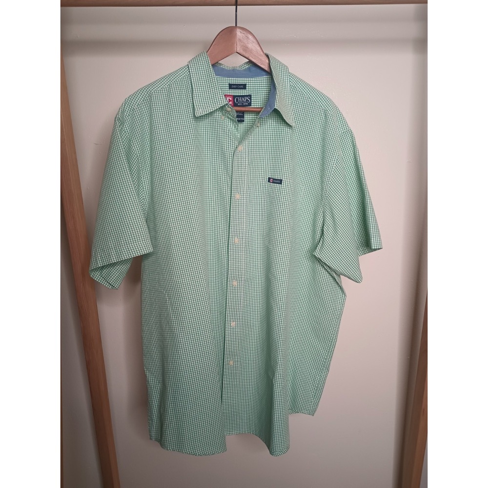 Chaps Mens 2XB Big & Tall Easy Care Gingham Check Button Down Green Short Sleeve